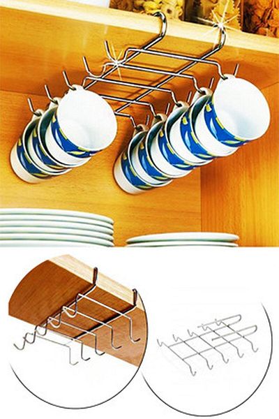 Kenpool Under Shelf 10 Hooks Portable Cup Holder, Practical Cup Hanger Stainless Chrome Plated