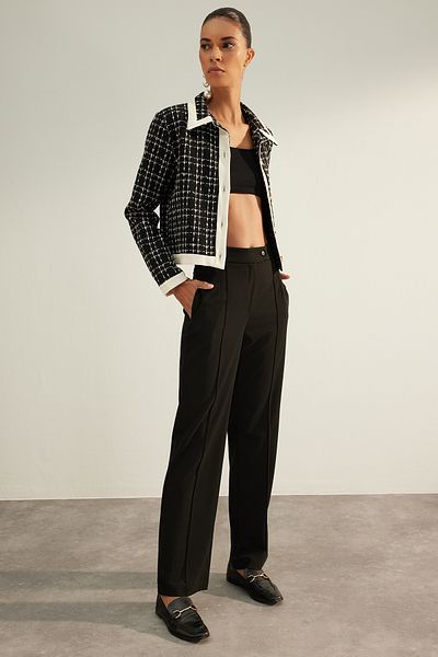 Trendyol Collection Black Premium High Waist Straight/Straight Cut Woven Ribbed Trousers TWOAW24PL00148