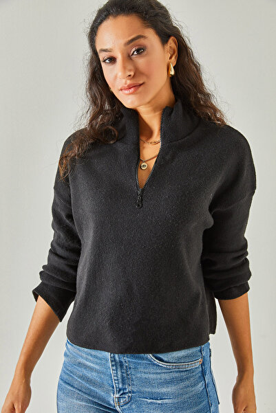 Olalook Kadın Siyah Fermuarlı Dik Yaka Şardonlu Kazak KZK-19000640