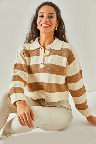 Olalook Kadın Ekru Polo Yaka Düğmeli Kalın Crop Triko Kazak KZK-19000648