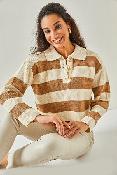 Olalook Kadın Ekru Polo Yaka Düğmeli Kalın Crop Triko Kazak KZK-19000648