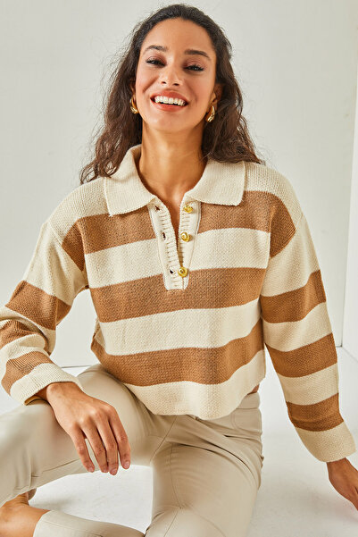 Olalook Kadın Ekru Polo Yaka Düğmeli Kalın Crop Triko Kazak KZK-19000648