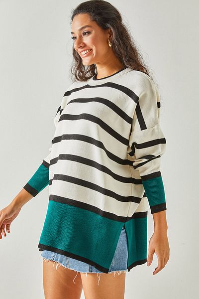 Olalook Women's Emerald Green Color Block Slit Oversize Knitwear Sweater KZK-19000647
