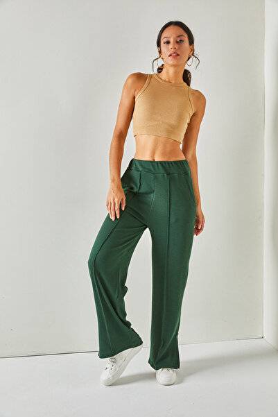 Olalook Kadın Zümrüt Yeşili Beli Lastikli Cepli Paça Yırtmaçlı Dökümlü Pantolon PNT-19000244