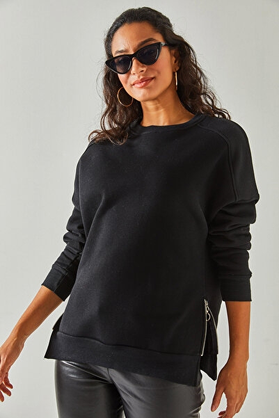 Olalook Kadın Siyah Yanları Fermuar Detaylı İçi Polarlı Kalın Sweatshirt SWT-19000624
