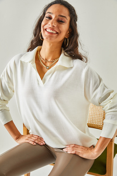 Olalook Women's Ecru Polo Collar Oversize Thin Knitwear Sweatshirt KZK-19000643