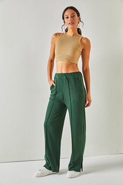 Olalook Kadın Zümrüt Yeşili Beli Lastikli Cepli Paça Yırtmaçlı Dökümlü Pantolon PNT-19000244