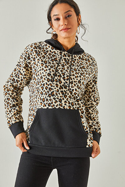 Olalook Kadın Ekru Leopar Leopar Kapşonlu Polar Sweatshirt SWT-19000326