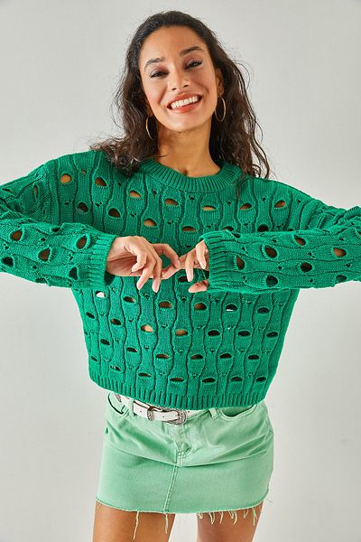 Olalook Women's Grass Green Large Hole Knitwear Sweater KZK-19000638