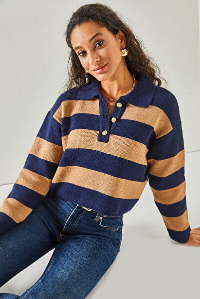 Olalook Дамски дебел плетен пуловер с бисквитена поло яка и копчета KZK-19000648