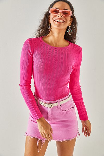 Olalook Pulover de damă, fucsia, cu nervuri, ajurate, tricotaje cu decolteu, KZK-19000633