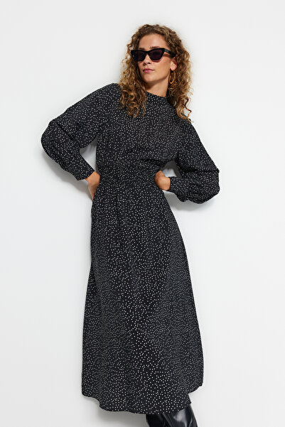 Trendyol Modest Black Polka Dot Waist Gipe Detailed Woven Dress TCTAW24EB00098