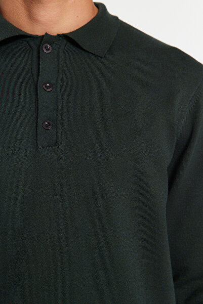 Trendyol Collection Premium Σκούρο Πράσινο Πλεκτό Πουλόβερ με λαιμόκοψη Polo Regular Fit TMNAW24KZ00067
