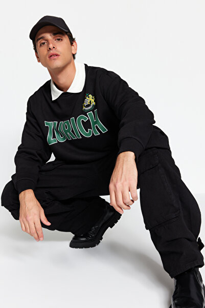 Trendyol Collection Teplá oversize černá mikina s potiskem - TMNAW24SW00187