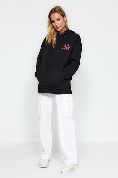 Trendyol Collection Černá Zadní potisk Detailní Oversize/Wide Fit Silný fleece Uvnitř Pletená mikina TWOAW22SW0687