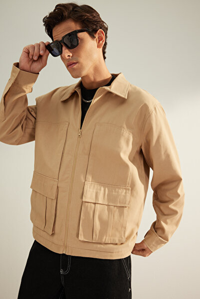 Trendyol Collection Ограничено издание - Мъжко сезонно яке от камилски габардин Tmnaw24Ce00008