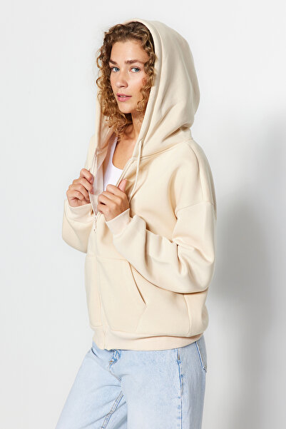 Trendyol Collection Stone Oversize/Pohodlný střih Basic Kapuce na zip Silný fleece uvnitř Pletená mikina TWOAW24SW00188
