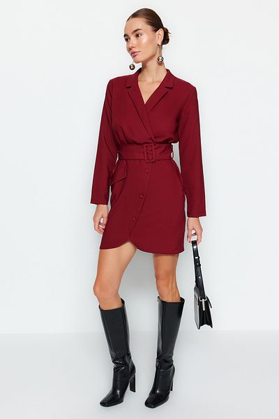 Trendyol Collection Burgundy Belted Buttoned Woven Jacket Dress TWOAW24EL00593