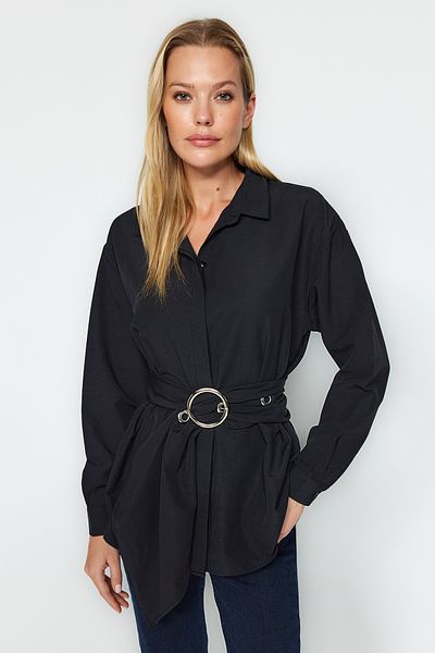 Trendyol Collection Черна памучна тъкана риза с катарама за колан TWOAW20GO0099