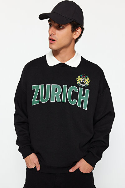 Trendyol Collection Teplá oversize černá mikina s potiskem - TMNAW24SW00187