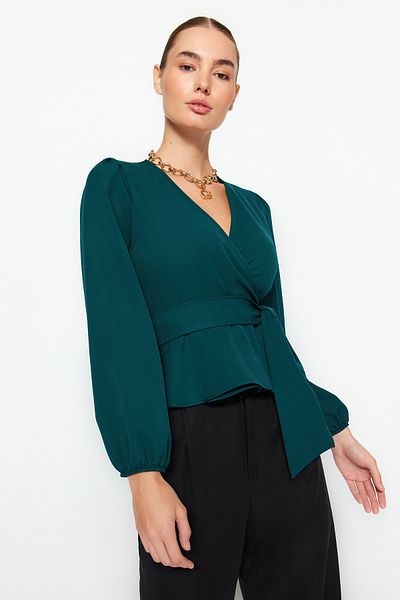Trendyol Collection Smaragdzöld duplasoros nyakkendő részletesen szövött blúz TWOAW20BZ1089