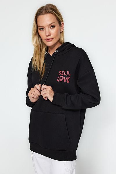 Trendyol Collection Černá Zadní potisk Detailní Oversize/Wide Fit Silný fleece Uvnitř Pletená mikina TWOAW22SW0687