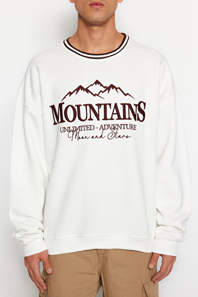 Trendyol Collection UniSex Ecru Fleece mikina - overSize límec, detailní límec, teplá - TMNAW24SW00068