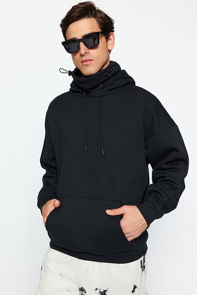Trendyol Collection Μαύρο φούτερ oversize με λεπτομέρεια γιακά με κουκούλα - TMNAW24sw00191