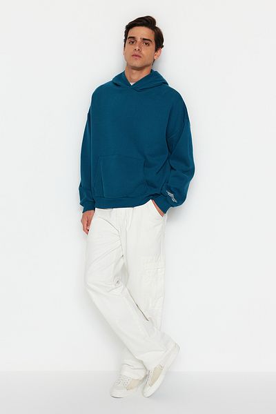 Trendyol Collection Petrolfarbenes, besticktes Oversize-Kapuzenpullover – TMNAW24SW00031