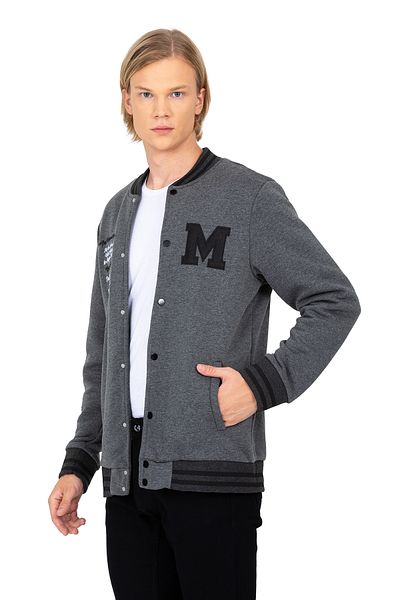 DYNAMO Men's Anthracite College Collar Bomber Regular/Normal Cut Ribbed Cotton Sweatshirt 6755