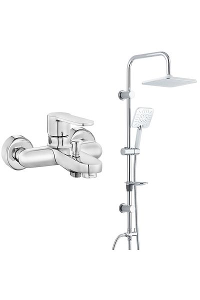 T MAY Nita Bathroom Faucet + Bathroom Pudding Square Top Shower Set Stainless Chrome
