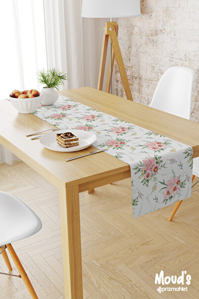 Moud's مفرش المائدة عداء من جلد الغزال المطبوع بنمط الأزهار باللون الوردي الفاتح