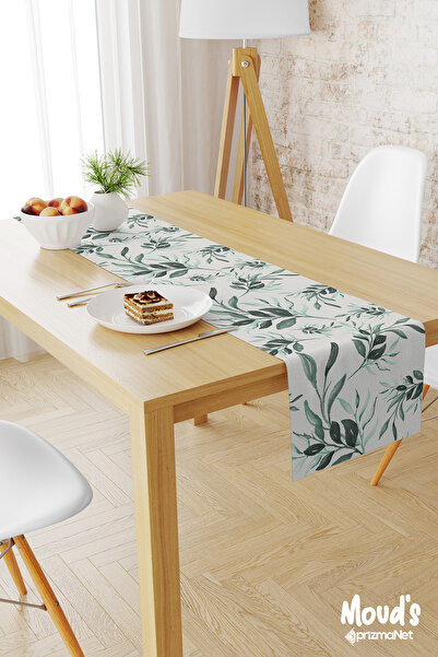 Moud's مفرش مائدة منقوش عليه فروع زهور خضراء مائية ومطبوع من جلد الغزال
