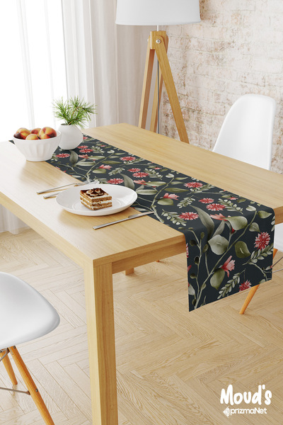 Moud's مفرش المائدة عداء من جلد الغزال المطبوع بنمط الأزهار باللون الأخضر الداكن والأحمر