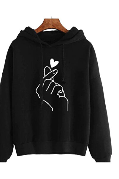 Surprise tekstil Μαύρο φούτερ με κουκούλα και στάμπα K-Pop Heart Hand Sign σε...