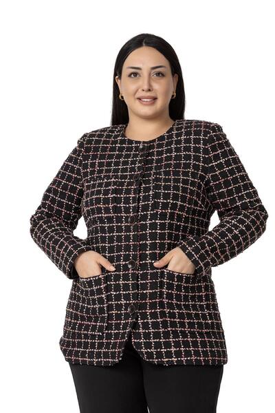 DISENTIS MODEST Large Size Pocketed Collarless Glitter Chanel Black Pink Lined Jacket