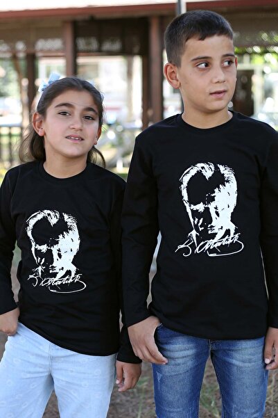 çiko kids تي شيرت قطني طويل الأكمام للأطفال للجنسين بطبعة أتاتورك والعلم التركي