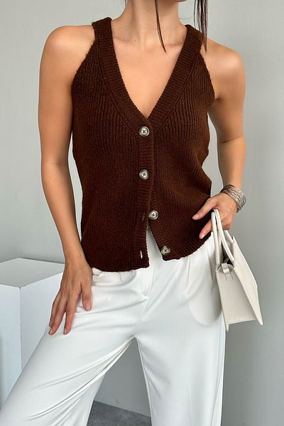 Lupies Women's Brown Halter Collar Buttoned Vest