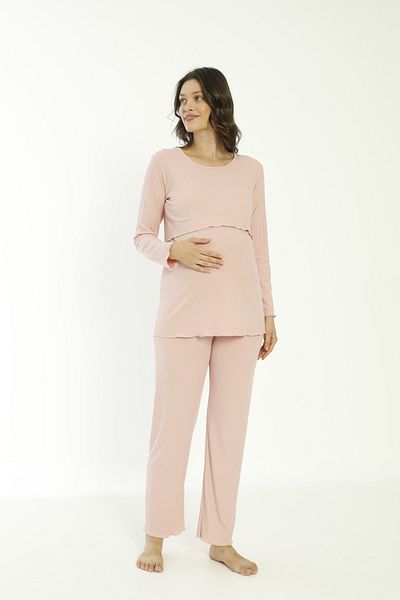 Miss Dünya Lissa Powder Cotton Corded Knitted Fabric Maternity and Maternity Long Sleeve Pajamas Set