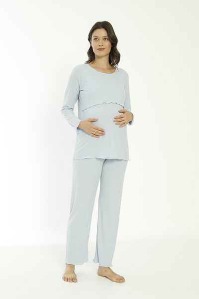 Miss Dünya Lissa Set de pijamale cu mâneci lungi de maternitate și de maternitate din țesătură tricotată cu snur din bumbac albastru