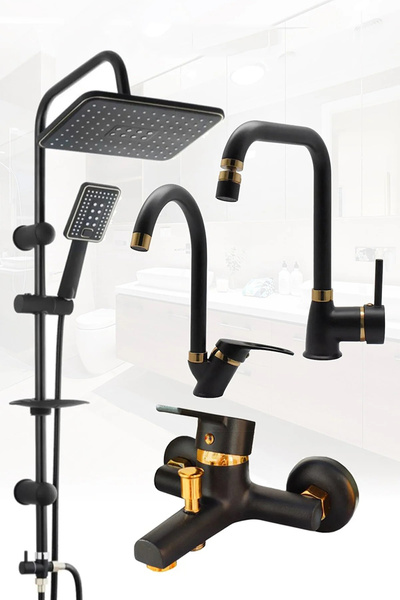 VSA Robot Siyah Altın Tepe Yağmurlama Duş Seti Mutfak Banyo Lavabo Gold Batar...