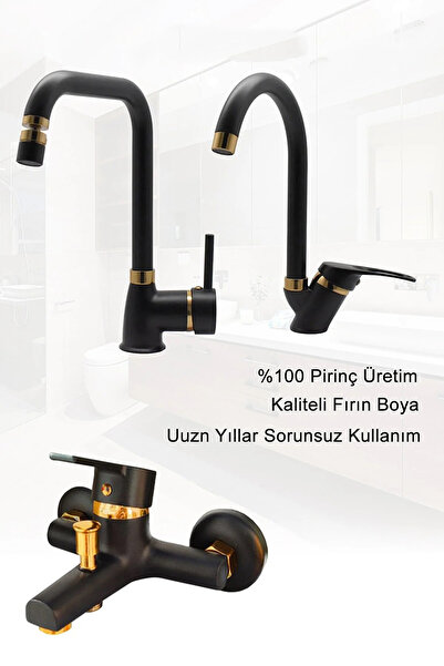 VSA Robot Siyah Altın Tepe Yağmurlama Duş Seti Mutfak Banyo Lavabo Gold Batarya Musluk Set