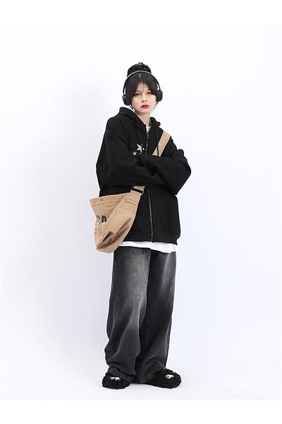 Touz Stars Printed Oversize Ζακέτα με φερμουάρ Μαύρη Unisex με κουκούλα