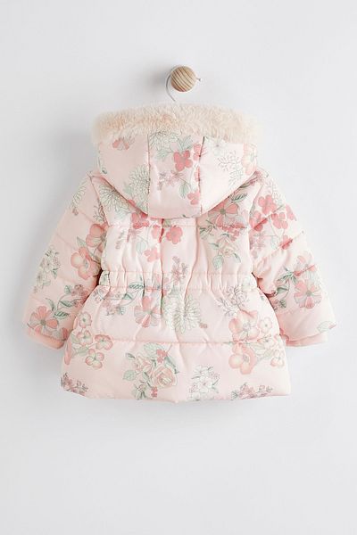 Next Baby Pink Floral Fleece Lined Padded Water Resistant Hooded Coat