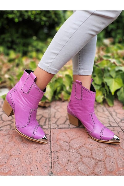 EPTC 1. Kalite Kadın Hakiki Deri Fuşya Kovboy Botu Metal Burunlu Pimli DAR KALIP 1 NO BÜYÜK ALINMALI