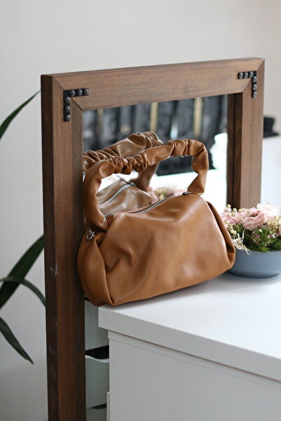 Moom Bag Geantă de umăr pentru femei, caramel, cu șnur, cu curea moale