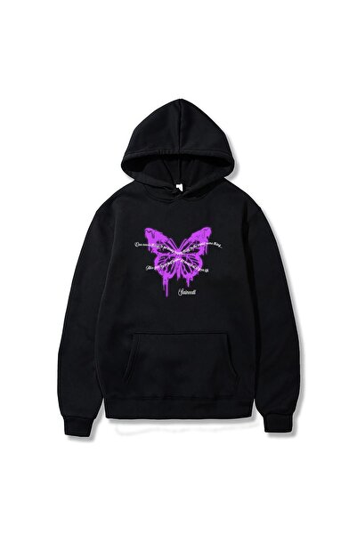 Gofeel سويت شيرت بطبعة فراشة باللون الأرجواني 3 خيوط نقطية ملابس الشارع الشهي...