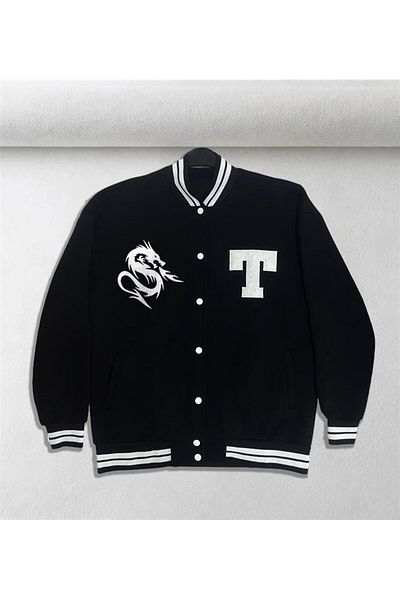 Touz zolid wear Dragon Printed Unisex Oversize Black College Jacket