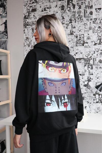 Gofeel سويت شيرت هاراجوكو بغطاء للرأس مطبوع عليه 3 عيون مقاس كبير بتفاصيل عتي...