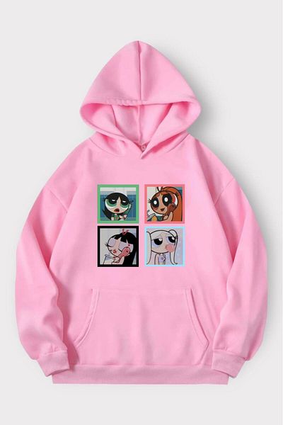Gofeel Power Puff Printed Harajuku Pink Oversize Φούτερ - Vintage Λεπτομερές Gofeel